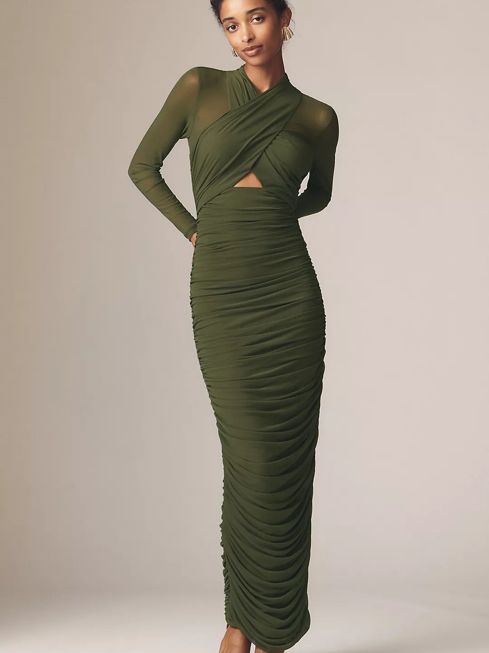 Bardot 'Aliyah' ruched long midi dress in Dark Khaki